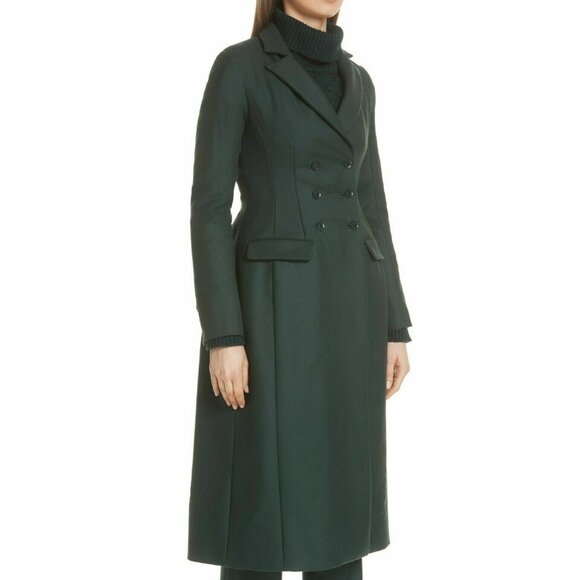 $2200 Lela Rose Seamed Wool Twill Three-Quarter LONG Coat GREEN FEMININITY 16 - Picture 1 of 13
